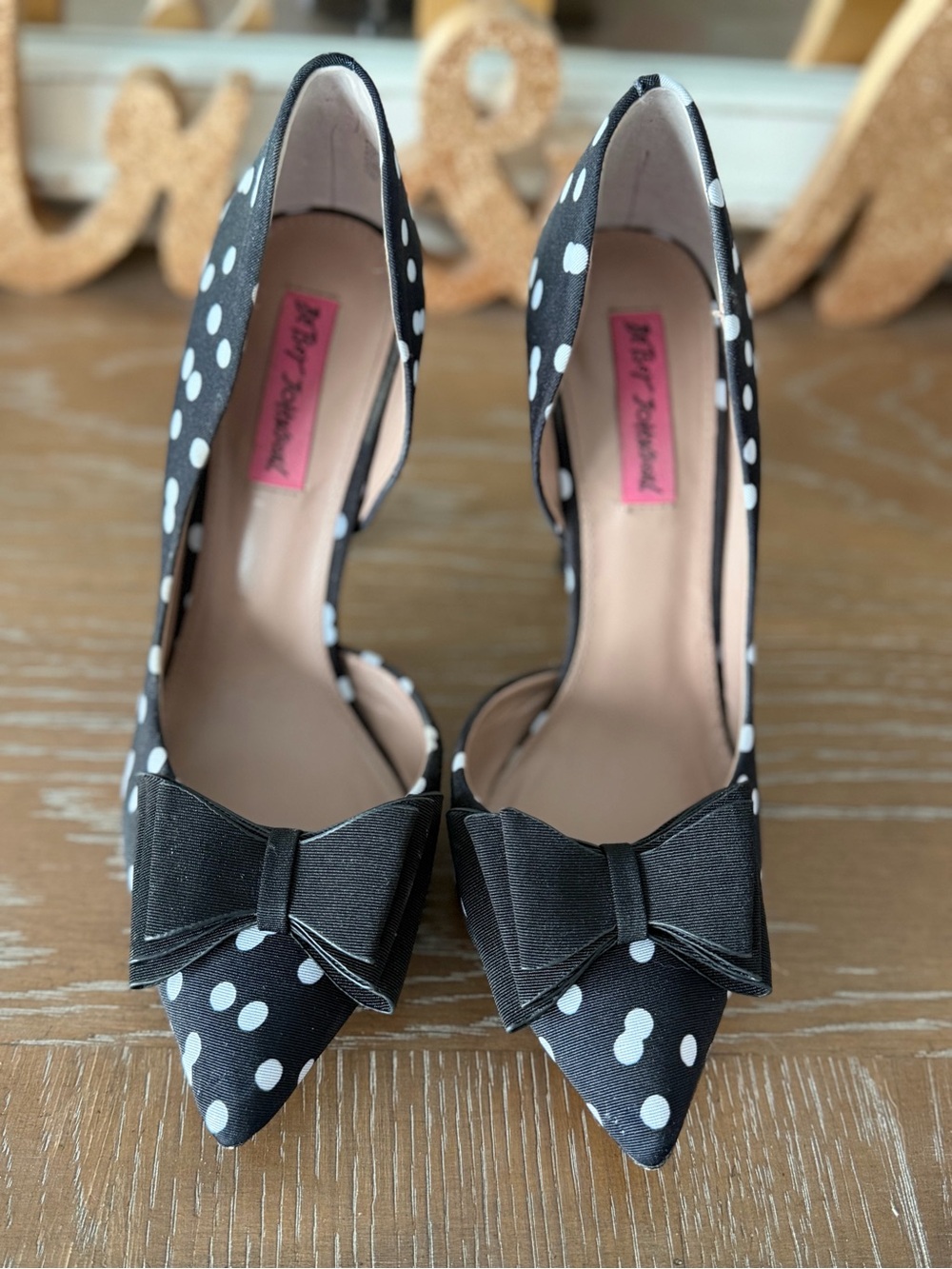 Beautiful Betsey Johnson Black and White Polka Dot Pointed Toe Heels with Bows